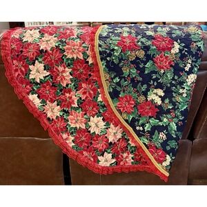 Vintage Reversible Quilted Christmas Table Topper Poinsettia Lace 45"